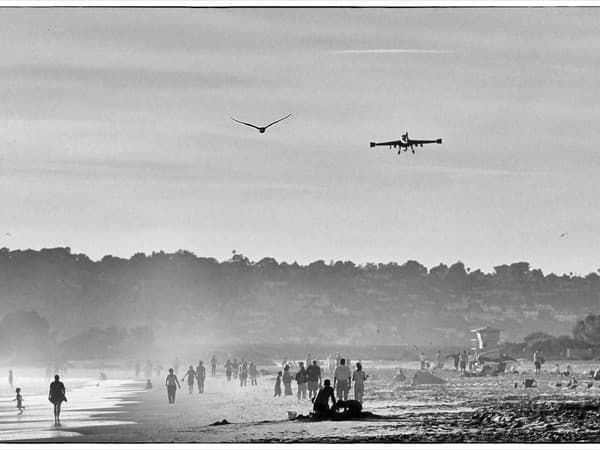 Aereo, fotografia in bianco e nero di Massimo Gagliani: un aereo e un uccello sorvolano una spiaggia.