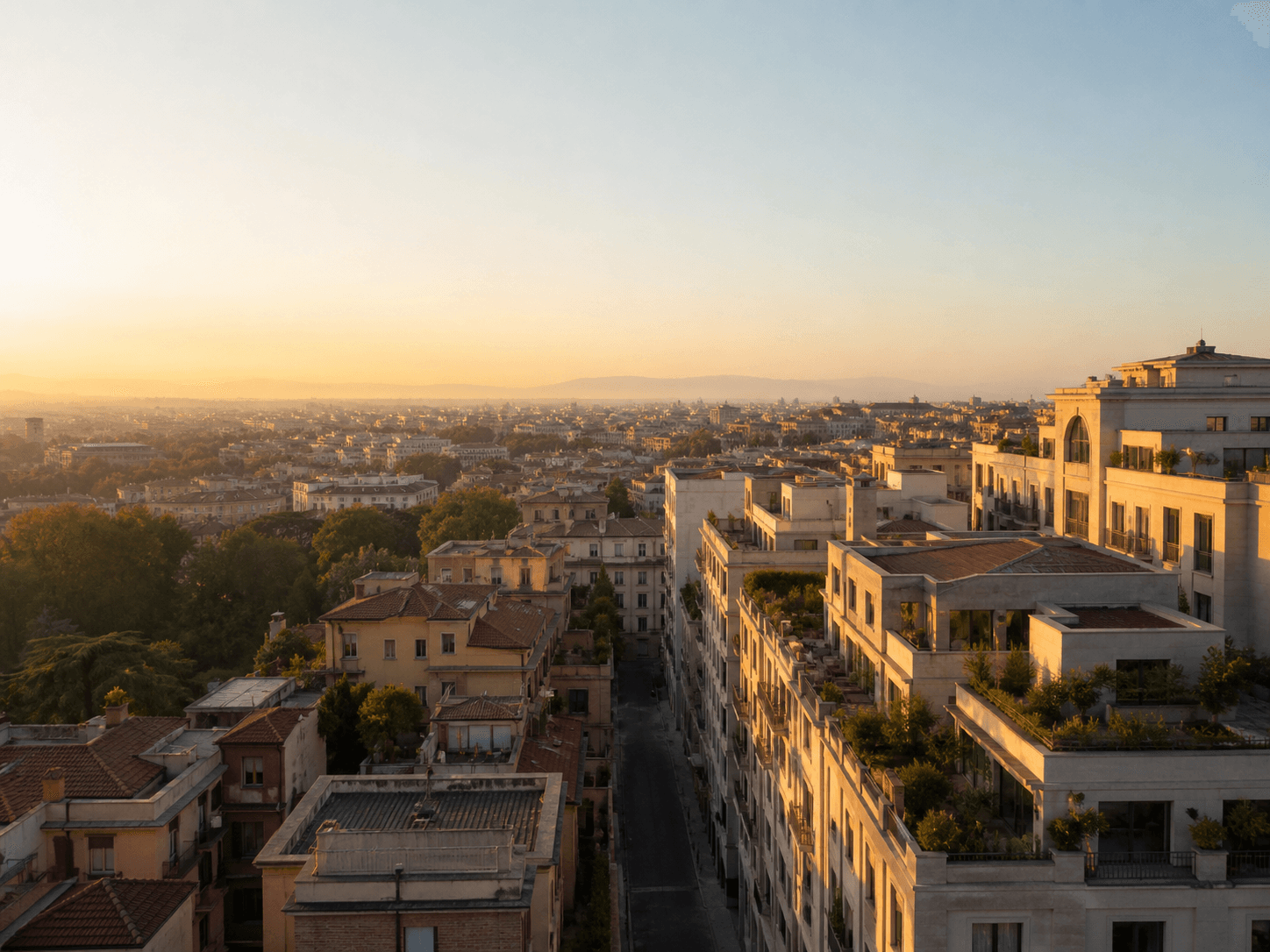 Veduta aerea illustrativa di un quartiere urbano italiano al tramonto.